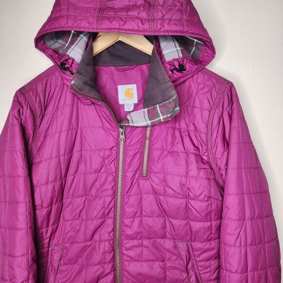 Carhartt Womens Puffer Jacket Flannel Lined Hooded Purple Pink Size Medium - Picture 2 of 14